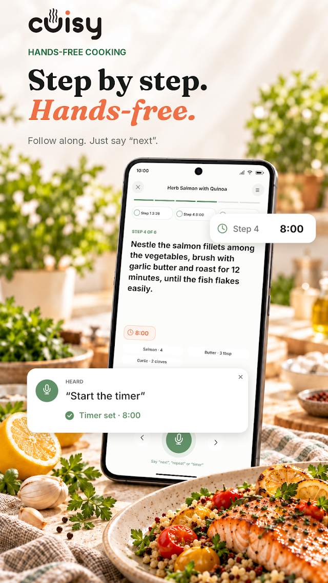 Cook Mode with a recipe step, timers, and voice controls.